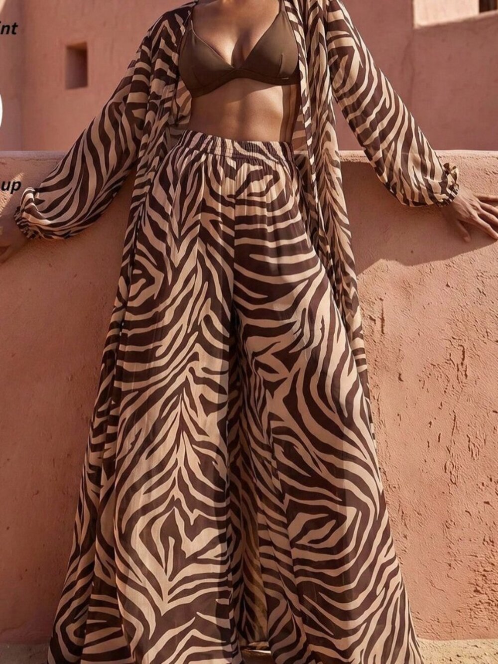 Brown Zebra Print Women's Lantern Sleeve Kimono Cover Up & Wide Leg Pants Set - Picture 4 of 9